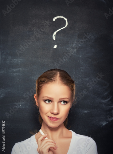 Photo: concept of woman and question mark drawn in chalk on blackboard concept of woman and question mark drawn in chalk on blackboard