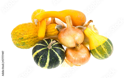 Photo: Gourds and onions on a white background Gourds and onions on a white background