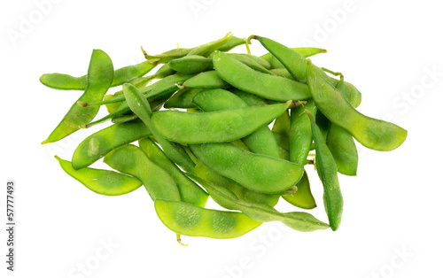 Photo: Cooked edamame pods on a white background Cooked edamame pods on a white background