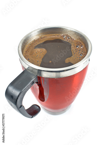 Photo: Red thermos cup with coffee drink isolated on white Red thermos cup with coffee drink isolated on white
