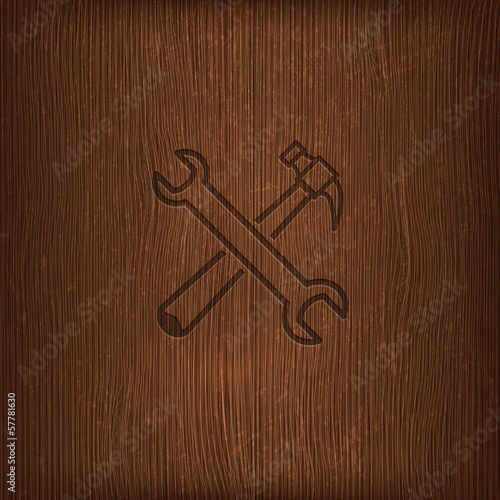 Vector: illustration with a hammer and a wrench icon on wood background illustration with a hammer and a wrench icon on wood background