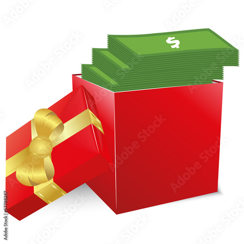 Vector: Concept of bonus. Red box with gold bow full of money. Concept of bonus. Red box with gold bow full of money.