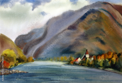 Illustration: Austrian landscape painted by watercolor Austrian landscape painted by watercolor