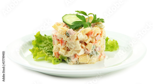 Photo: Russian traditional salad Olivier, isolated on white Russian traditional salad Olivier, isolated on white