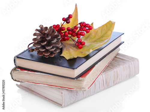 Photo: Books and autumn leaves isolated on white Books and autumn leaves isolated on white