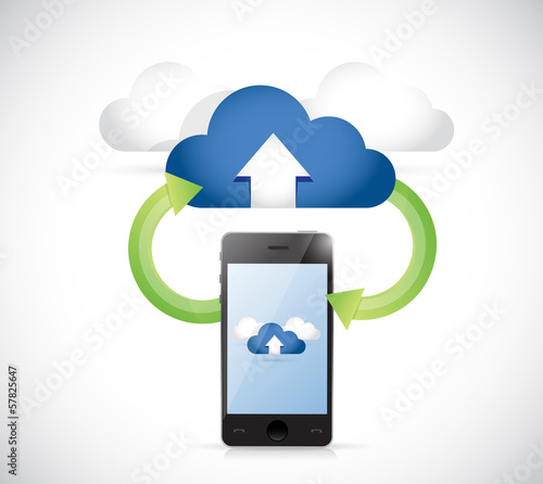 Illustration: phone connected to a set of clouds. arrows phone connected to a set of clouds. arrows