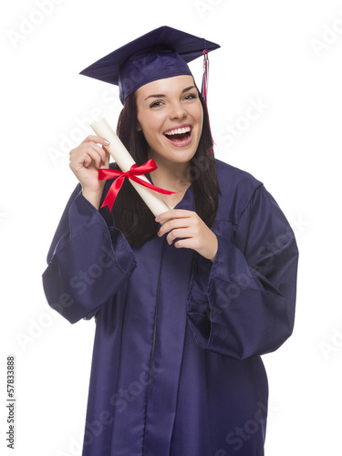 Photo: Mixed Race Graduate in Cap and Gown Holding Her Diploma. Mixed Race Graduate in Cap and Gown Holding Her Diploma.