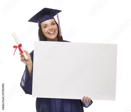 Photo: Female Graduate in Cap and Gown Holding Blank Sign, Diploma Female Graduate in Cap and Gown Holding Blank Sign, Diploma