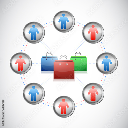 Illustration: shopping network. shopping bags and people. shopping network. shopping bags and people.