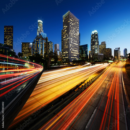 City of Los Angeles California at sunset with light trails
