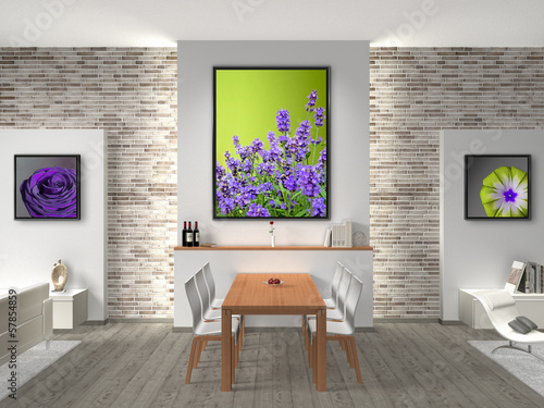 Illustration: Wohn-/Esszimmer mit Bildern in Rahmen Wohn-/Esszimmer mit Bildern in Rahmen