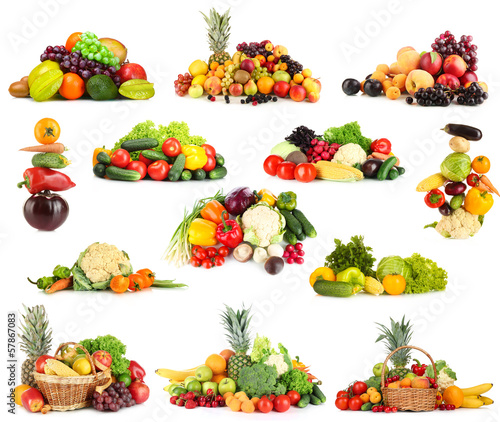Photo: Collage of fruits and vegetables isolated on white Collage of fruits and vegetables isolated on white