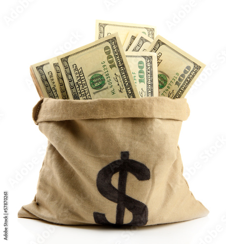 Photo: Money in bag isolated on white Money in bag isolated on white
