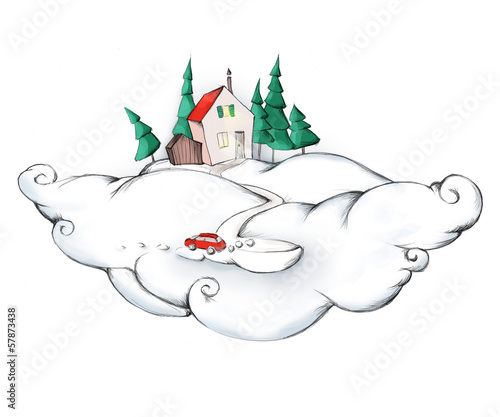 Illustration: Häuschen auf Wolke Häuschen auf Wolke