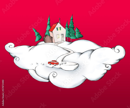 Illustration: Häuschen auf Wolke Häuschen auf Wolke