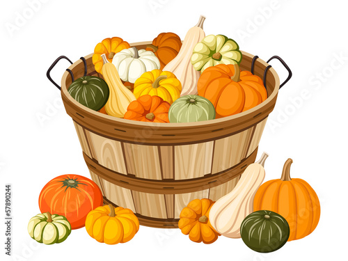 Vector: Wooden basket with pumpkins. Vector illustration. Wooden basket with pumpkins. Vector illustration.