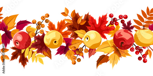 Vector: Horizontal seamless background with autumn leaves and apples. Horizontal seamless background with autumn leaves and apples.