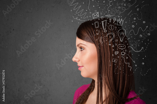 Photo: Young girl thinking with abstract icons on her head Young girl thinking with abstract icons on her head