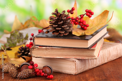 Photo: Books and autumn leaves on wooden table on natural background Books and autumn leaves on wooden table on natural background