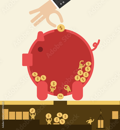 Vector: Put coin in piggy bank but got stolen. Saving concept. Put coin in piggy bank but got stolen. Saving concept.