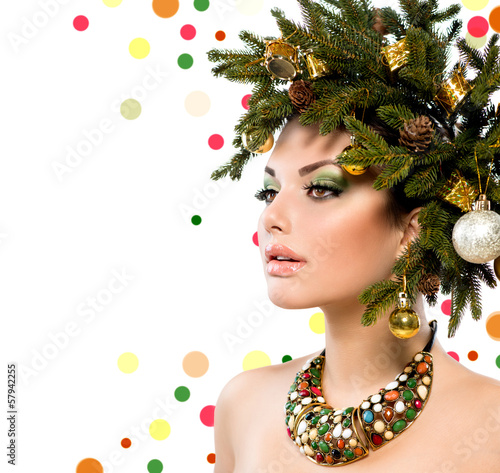 Photo: Christmas Woman. Christmas Holiday Hairstyle and Makeup Christmas Woman. Christmas Holiday Hairstyle and Makeup