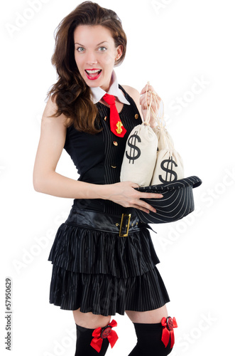 Photo: Woman gangster with money sacks on white Woman gangster with money sacks on white