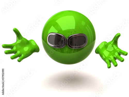 Illustration: Green sphere with sunglasses and open arms Green sphere with sunglasses and open arms