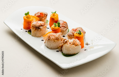 Photo: Delightful dish with fish fillet and carrot with pumpkin sauce Delightful dish with fish fillet and carrot with pumpkin sauce
