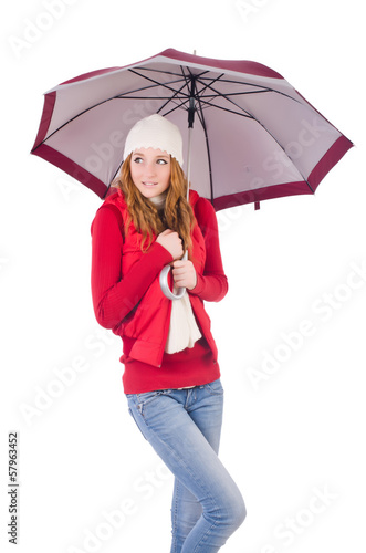 Photo: Young woman with umbrella on white Young woman with umbrella on white