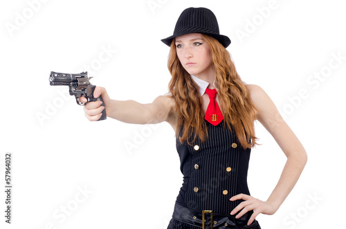 Photo: Woman gangster isolated on white Woman gangster isolated on white