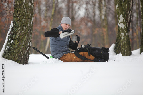 Photo: winter hiker having break for cup of tea winter hiker having break for cup of tea
