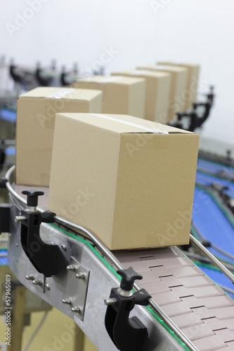Photo: Cardboard boxes on conveyor belt in factory Cardboard boxes on conveyor belt in factory