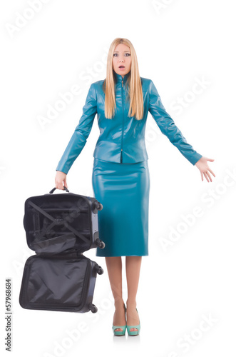 Photo: Woman preparing for vacation with suitcase on white Woman preparing for vacation with suitcase on white