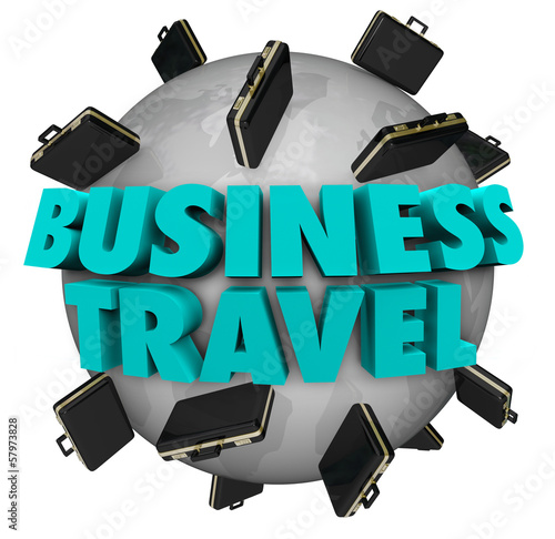 Illustration: Business Travel Words Briefcases Around World Business Travel Words Briefcases Around World