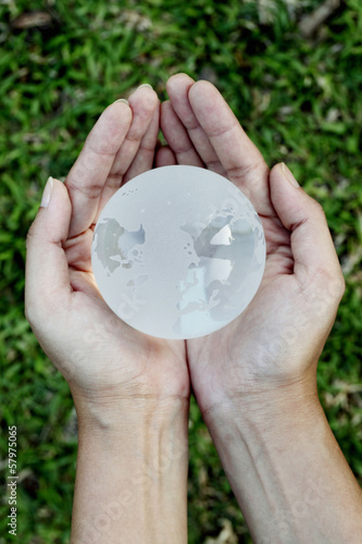 Photo: Hands holding a glass globe against green Hands holding a glass globe against green