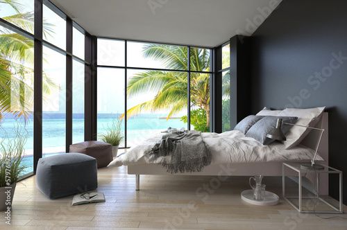 Illustration: Tropical bedroom interior with double bed and seascape view Tropical bedroom interior with double bed and seascape view