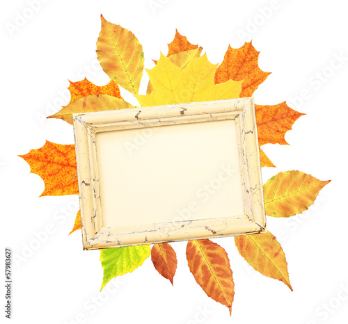 Photo: Autumn leaves and wooden frame Autumn leaves and wooden frame