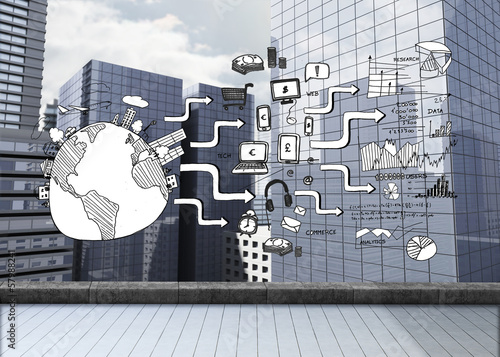 Photo: Black white graphic over cityscape background Black white graphic over cityscape background