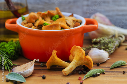 Photo: Chanterelle mushrooms cooked in a pan Chanterelle mushrooms cooked in a pan