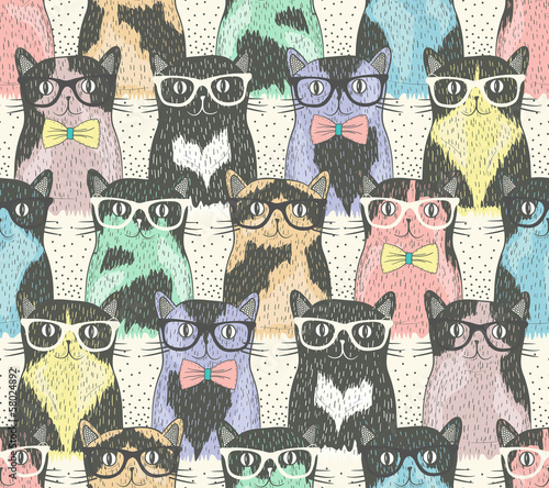  Seamless pattern with hipster cute cats for children