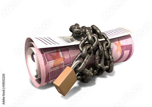 Illustration: Rolled Up And Shackled Euro Notes Standing Rolled Up And Shackled Euro Notes Standing