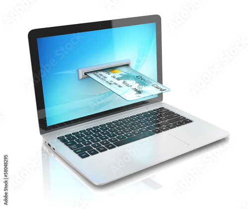 Illustration: e-commerce, online shopping - laptop and credit card e-commerce, online shopping - laptop and credit card