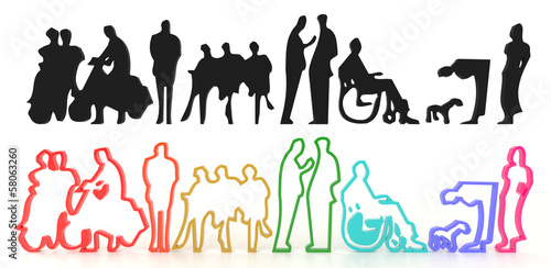 Illustration: Sets of silhouette and colorful people in 3D Sets of silhouette and colorful people in 3D