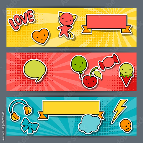Vector: Horizontal banners with sticker kawaii doodles. Horizontal banners with sticker kawaii doodles.