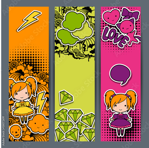 Vector: Vertical banners with sticker kawaii doodles. Vertical banners with sticker kawaii doodles.