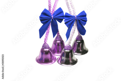 Photo: Four real christmas bells with blue ribbon Four real christmas bells with blue ribbon