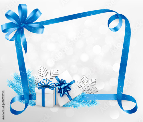 Vector: Holiday background with blue gift bow and gift boxes. Vector. Holiday background with blue gift bow and gift boxes. Vector.