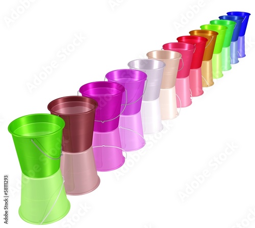 Illustration: eine Reihe Plastikeimer mit Trinkwasser eine Reihe Plastikeimer mit Trinkwasser