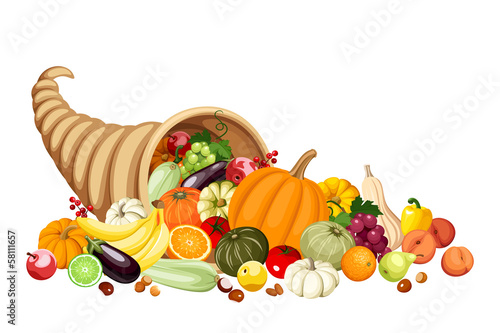 Vector: Autumn cornucopia (horn of plenty) with fruits and vegetables. Autumn cornucopia (horn of plenty) with fruits and vegetables.