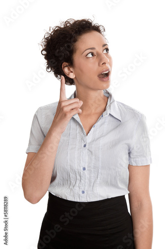 Photo: Frau isoliert hat eine Idee - Zeigefinger isoliert - Rock, Bluse Frau isoliert hat eine Idee - Zeigefinger isoliert - Rock, Bluse